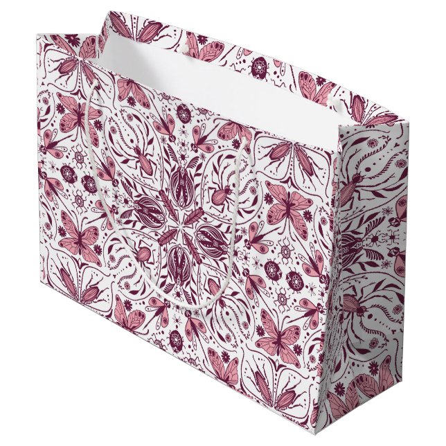 Bugs, dark magenta and pink on white large gift bag (Back Angled)