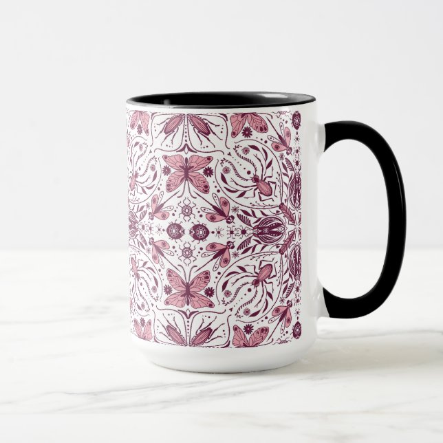 Bugs, dark magenta and pink on white mug (Right)