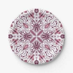 Bugs, dark magenta and pink on white paper plate