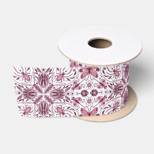 Bugs, dark magenta and pink on white satin ribbon