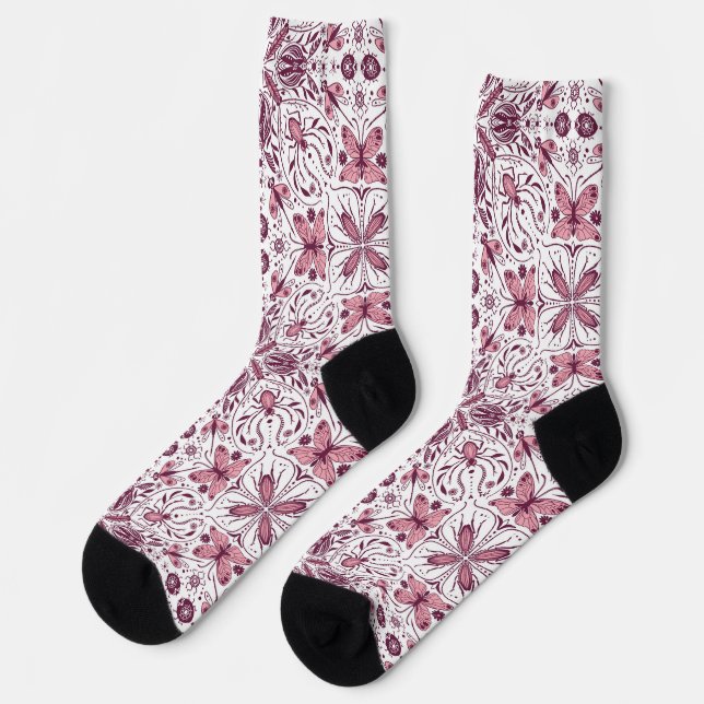 Bugs, dark magenta and pink on white socks (Left)