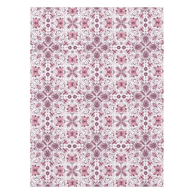 Bugs, dark magenta and pink on white tablecloth (Front)