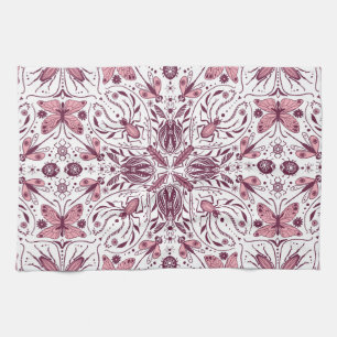 Bugs, dark magenta and pink on white tea towel