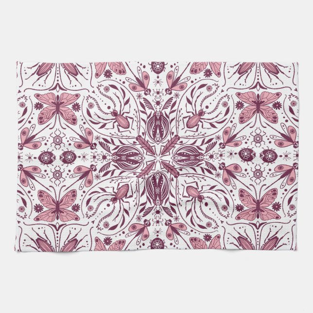 Bugs, dark magenta and pink on white tea towel (Horizontal)