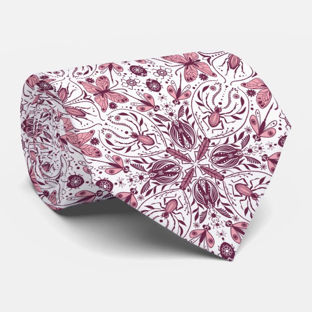 Bugs, dark magenta and pink on white tie (Rolled)