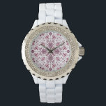 Bugs, dark magenta and pink on white watch<br><div class="desc">Hand-drawn symetrical pattern with various bugs-beetles,  butterflies and spiders</div>