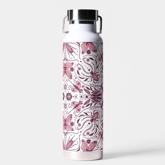 Bugs, dark magenta and pink on white water bottle (Front)