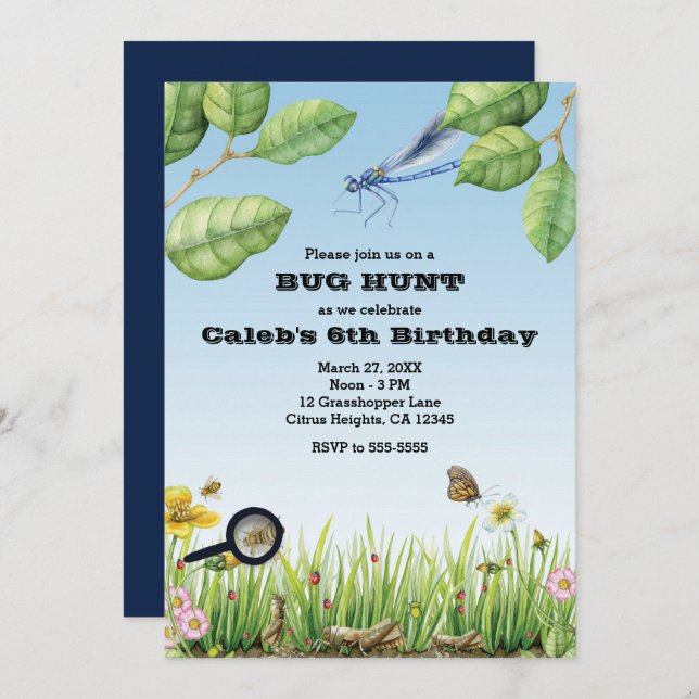 Bugs! Insect Hunt Outdoors Birthday Party Invitation (Front/Back)