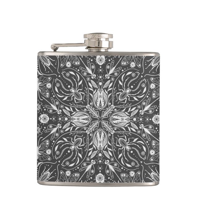 Bugs, off white on black hip flask (Front)