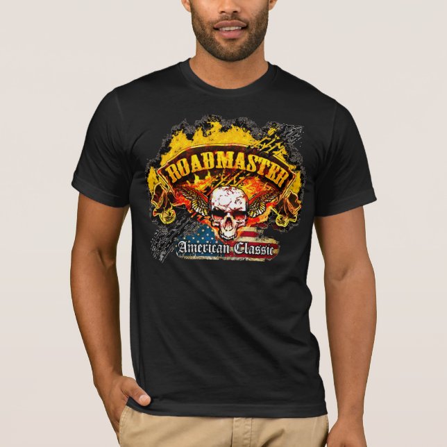 Buick Roadmaster - Burnout Banner Skull -n- Flag T-Shirt (Front)