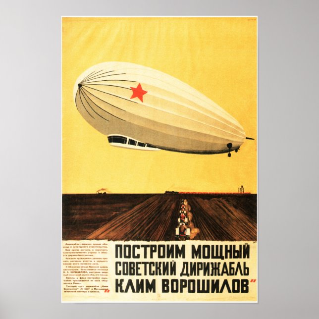 BUILD A POWERFUL AIRSHIP Zeppelin Vintage Soviet Poster (Front)