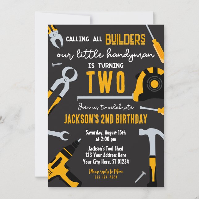 Builder Birthday Invitation, Handyman  Invitation (Front)
