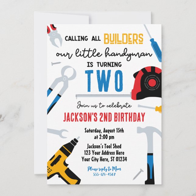 Builder Birthday Invitation, Handyman  Invitation (Front)