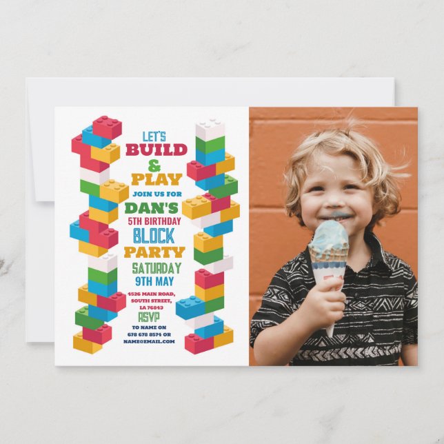 Builder Birthday Party Construction Blocks Photo Invitation (Front)