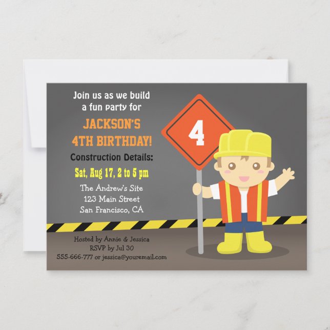 Builder Boy Construction Theme Birthday Party Invitation (Front)