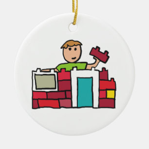 Builder Builds House with Building Blocks Ceramic Ornament