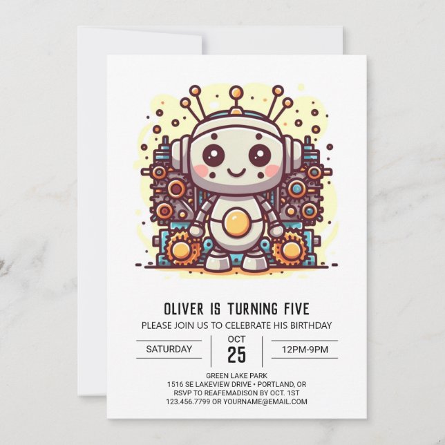 Builder Metallic Bolts Robot Birthday Invitation (Front)