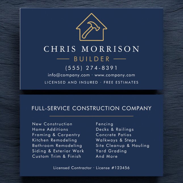 Builder Navy Blue Gold Modern Construction  Business Card (Creator Uploaded)