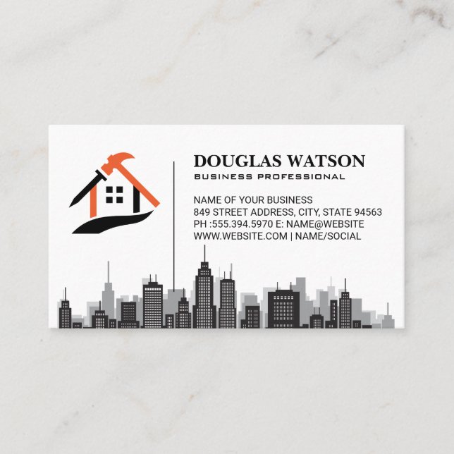 Builder Renovation Logo | City Skyline Business Card (Front)