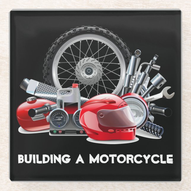 Building a Motorcycle with Parts Drawing Glass Coaster (Front)