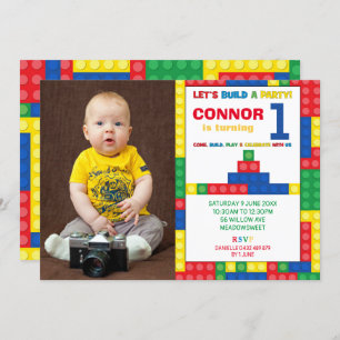 Building Block 1st Birthday Party Colorful Bricks Invitation