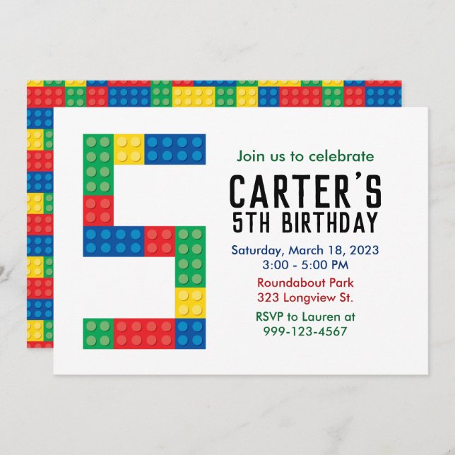 Building Block Party Invitation for 5th Party (Front/Back)