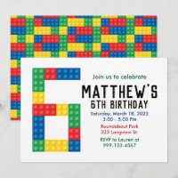 Building Block Party Invitation for 6th Party