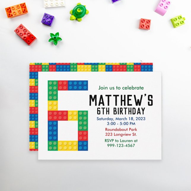 Building Block Party Invitation for 6th Party (6th Birthday Building Block Invitation)
