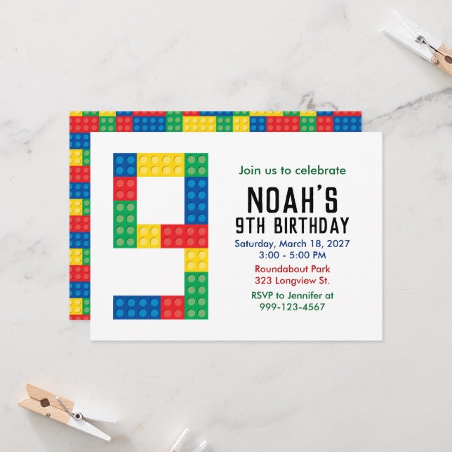 Building Block Party Invitation for 9th Party (Front/Back In Situ)