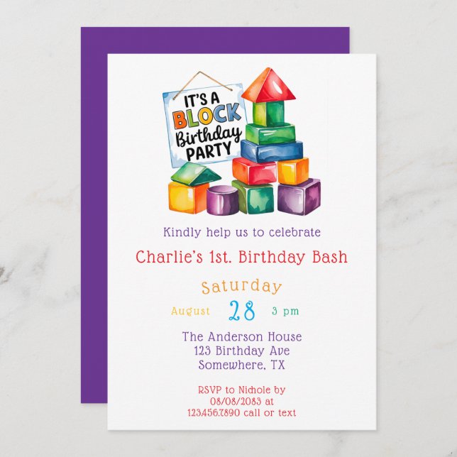 Building Blocks at the Birthday Bash Invitation (Front/Back)