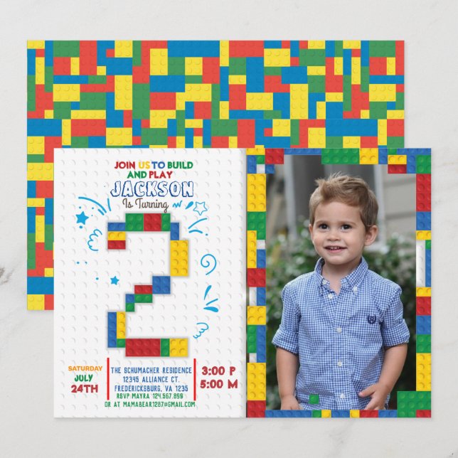 Building Blocks Birthday Bricks 2 years Invitation (Front/Back)