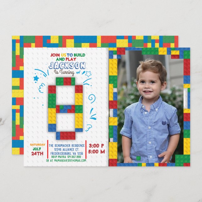 Building Blocks Birthday Bricks 8 years Invitation (Front/Back)