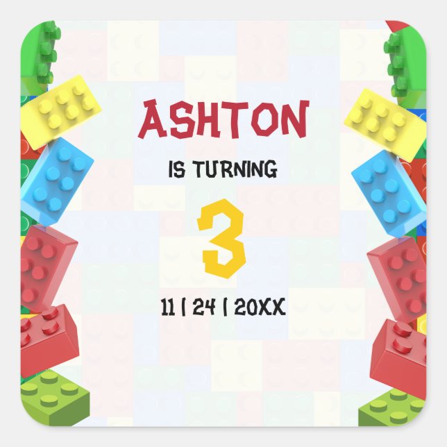 Building Blocks Birthday Invitation, Boys Birthday Square Sticker (Front)