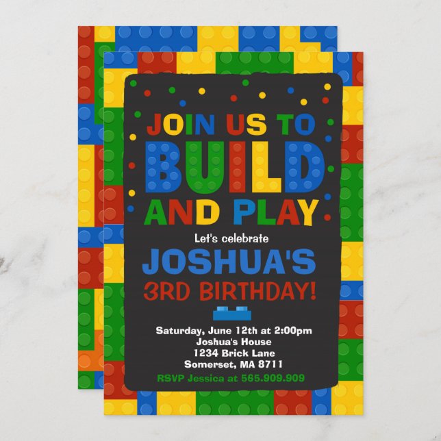 Building Blocks Birthday Invitation Bricks Party (Front/Back)