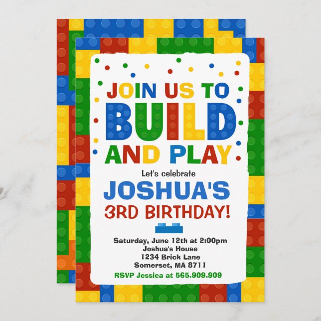 Building Blocks Birthday Invitation Bricks Party (Front/Back)