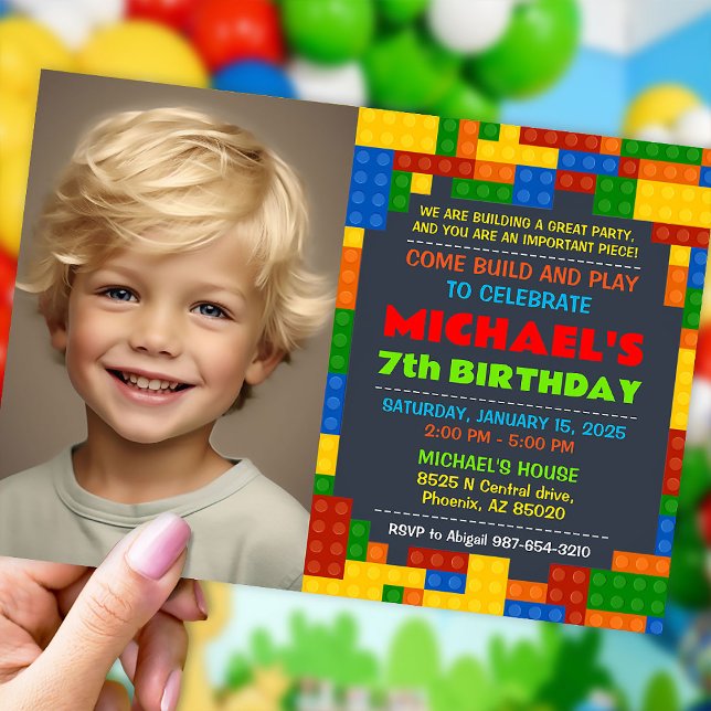 Building blocks birthday party photo invitation (Creator Uploaded)