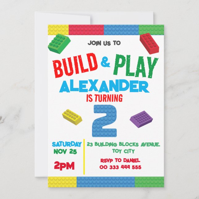 Building Blocks Boy 2nd Birthday Toy Invitation (Front)