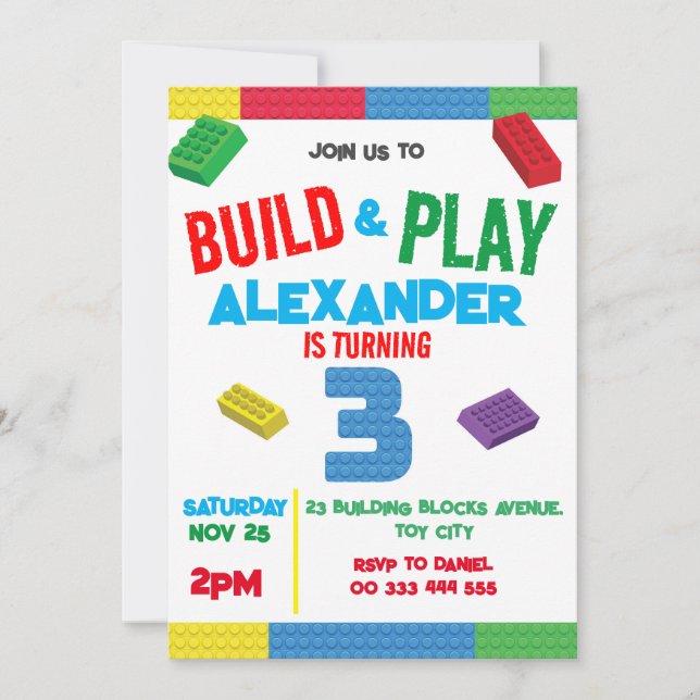 Building Blocks Boy 3rd Birthday Toy Invitation (Front)