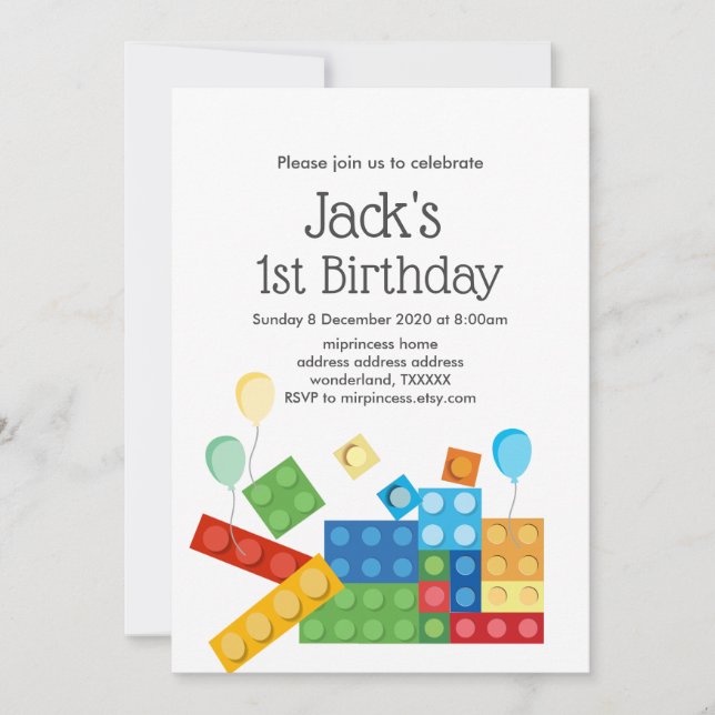 building blocks boy birthday invitation (Front)