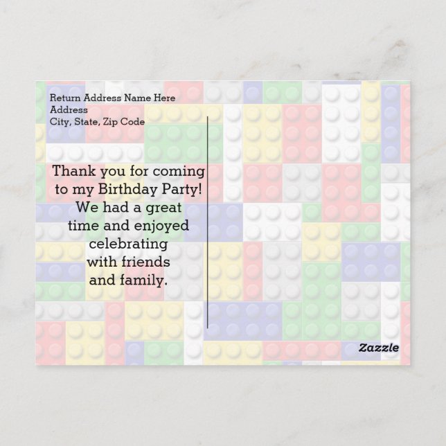 Building Blocks Boys Birthday Party Thank You Note Postcard (Back)
