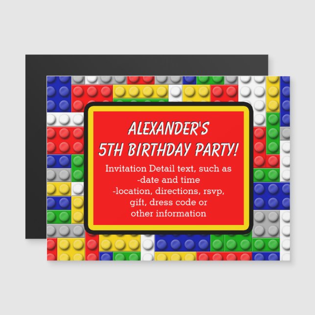 Building Blocks Primary Colour Boy's Birthday/Part Magnetic Invitation (Front/Back)