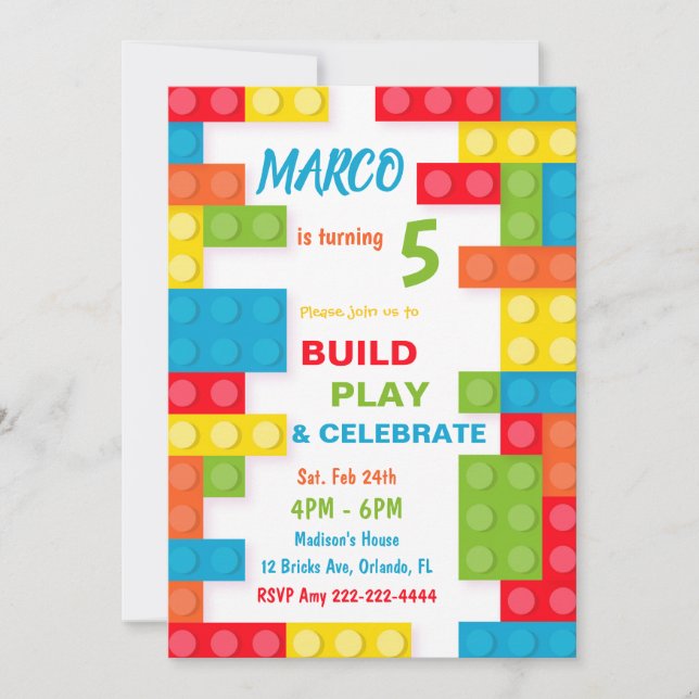 Building Brick Invitations, Boy Birthday Invites (Front)