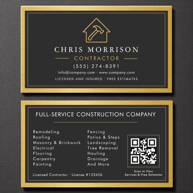 Building Construction Black Gold Metal QR Code Business Card (Creator Uploaded)
