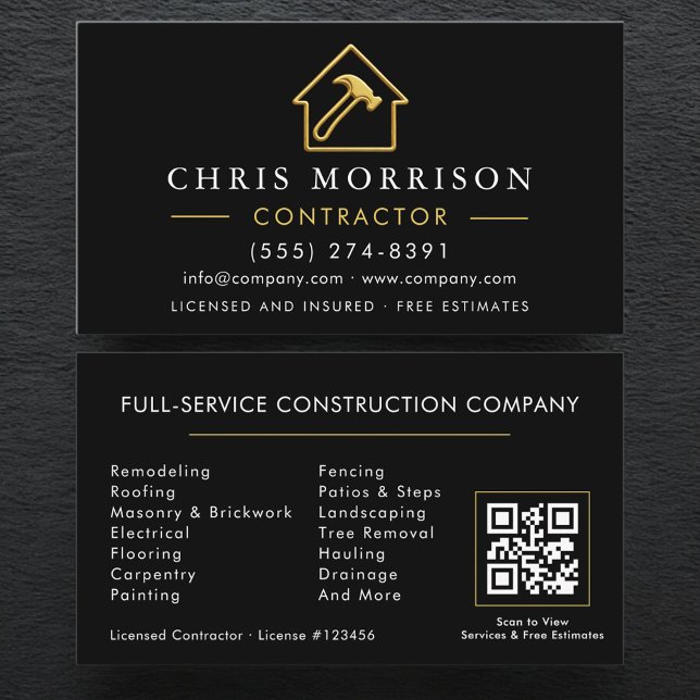 Building Construction Black Metallic Gold QR Code Business Card (Creator Uploaded)