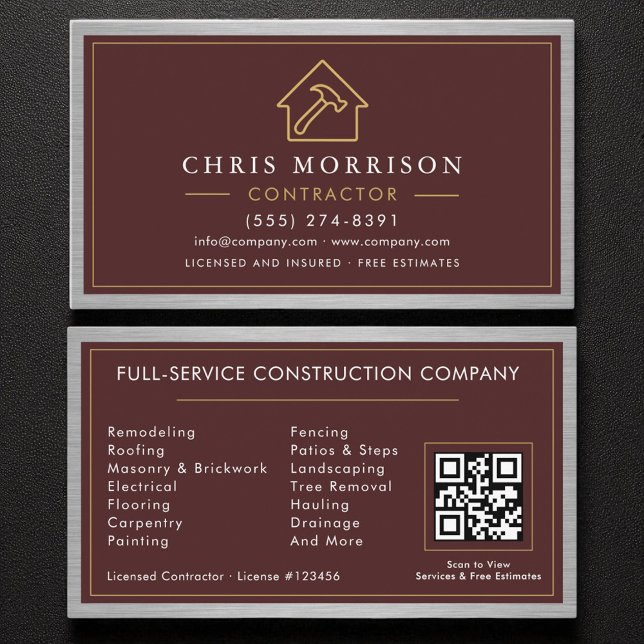 Building Construction Burgundy Faux Metal QR Code Business Card (Creator Uploaded)
