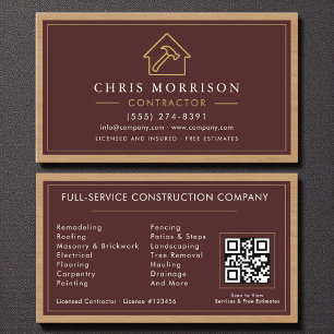 Building Construction Burgundy Gold Wood QR Code Business Card