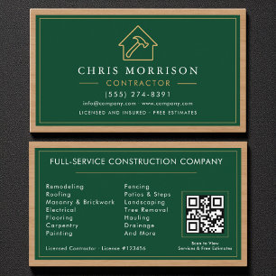 Building Construction Green Gold Wood QR Code Business Card