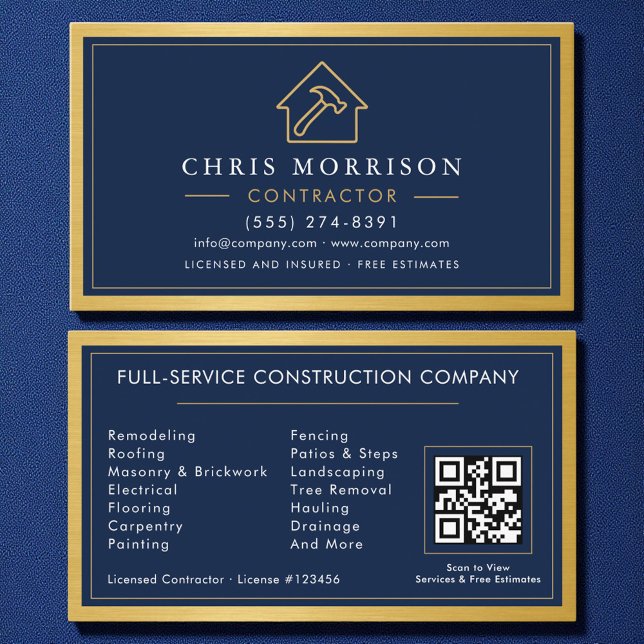 Building Construction Navy Blue Gold Metal QR Code Business Card (Creator Uploaded)