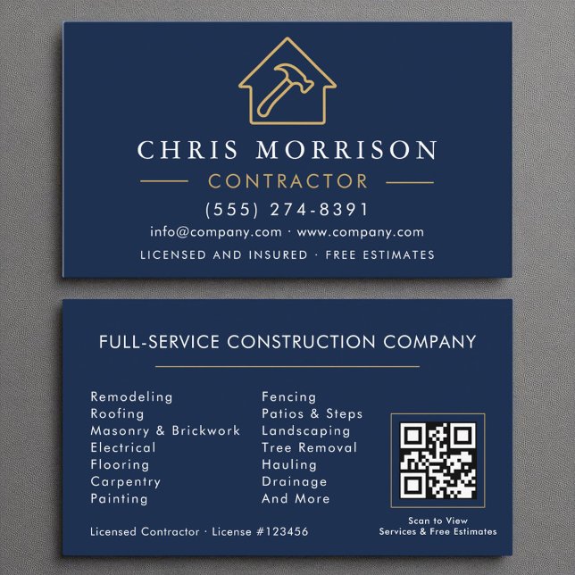 Building Construction Navy Blue Gold QR Code Business Card (Creator Uploaded)