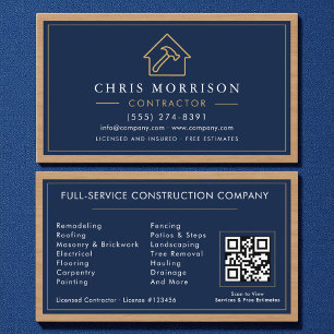 Building Construction Navy Blue Gold Wood QR Code Business Card